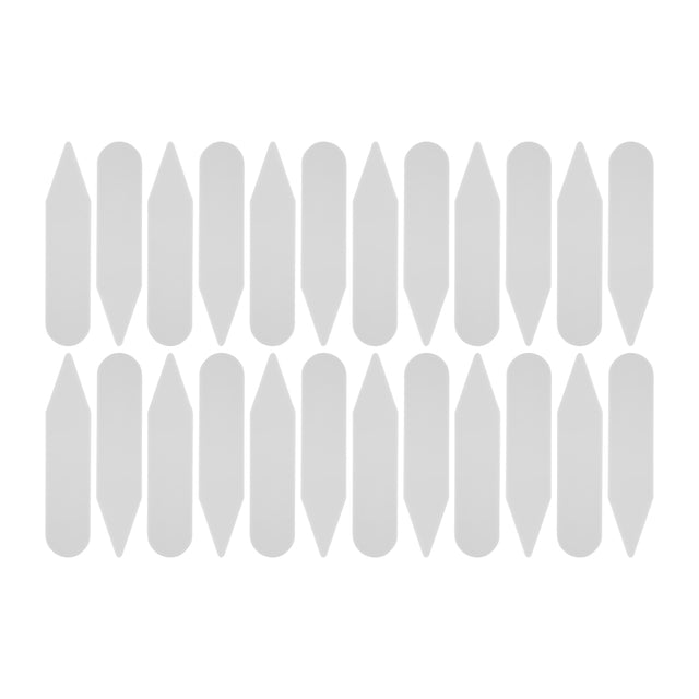 Twenty white Collar Stays, similar in shape to plastic labels or shirt collar supports, are displayed in three horizontal rows on a white background.