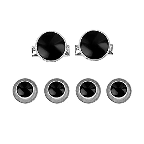 The Tuxedo Shirt Studs and Cufflinks set includes two stainless steel cufflinks and four matching shirt studs with black centers and silver edges—ideal tuxedo accessories, displayed on a white background.