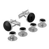Tuxedo Shirt Studs and Cufflinks in silver stainless steel with round black centers, perfect for tuxedo shirts, displayed on a white background.