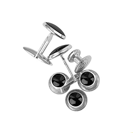 Four stainless steel Tuxedo Shirt Studs and Cufflinks with black circular centers are arranged on a white background—sleek accessories that elevate any formal outfit.
