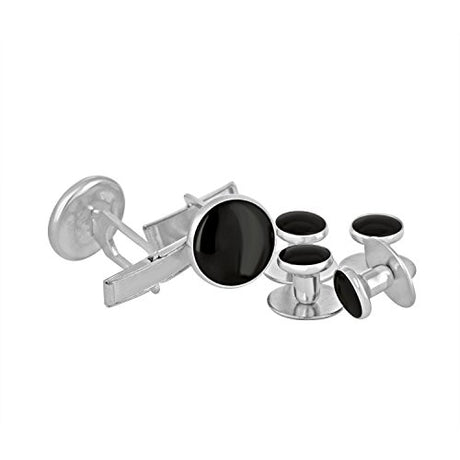 Tuxedo Shirt Studs and Cufflinks with round black centers, ideal tuxedo shirt accessories, are shown on a white background.
