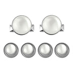 Tuxedo Shirt Studs and Cufflinks set featuring stainless steel with white circular centers, ideal as tuxedo shirt accessories, displayed on a white background.