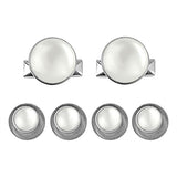 Tuxedo Shirt Studs and Cufflinks set featuring stainless steel with white circular centers, ideal as tuxedo shirt accessories, displayed on a white background.
