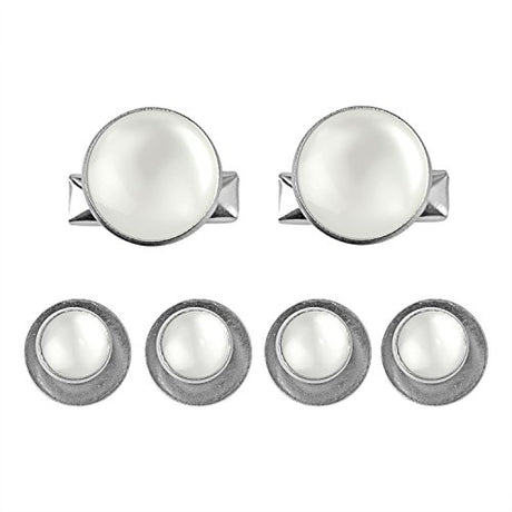 Tuxedo Shirt Studs and Cufflinks set featuring stainless steel with white circular centers, ideal as tuxedo shirt accessories, displayed on a white background.