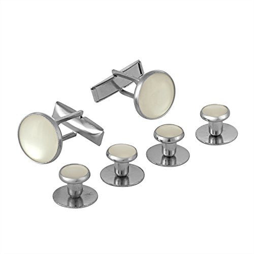 Tuxedo Shirt Studs and Cufflinks feature stainless steel with round ivory-colored centers, ideal as tuxedo shirt accessories. Shown against a white background.