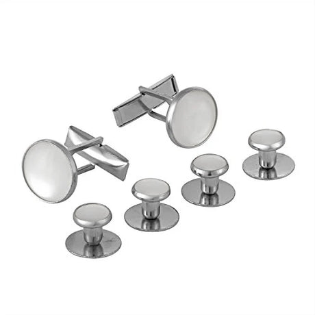 A set of Tuxedo Shirt Studs and Cufflinks crafted from stainless steel, displayed on a white background—ideal for enhancing your tuxedo shirt accessories.