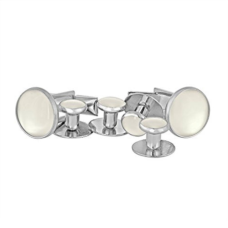 The Tuxedo Shirt Studs and Cufflinks set features silver and white stainless steel pieces, stylishly arranged on a white background—ideal tuxedo shirt accessories.