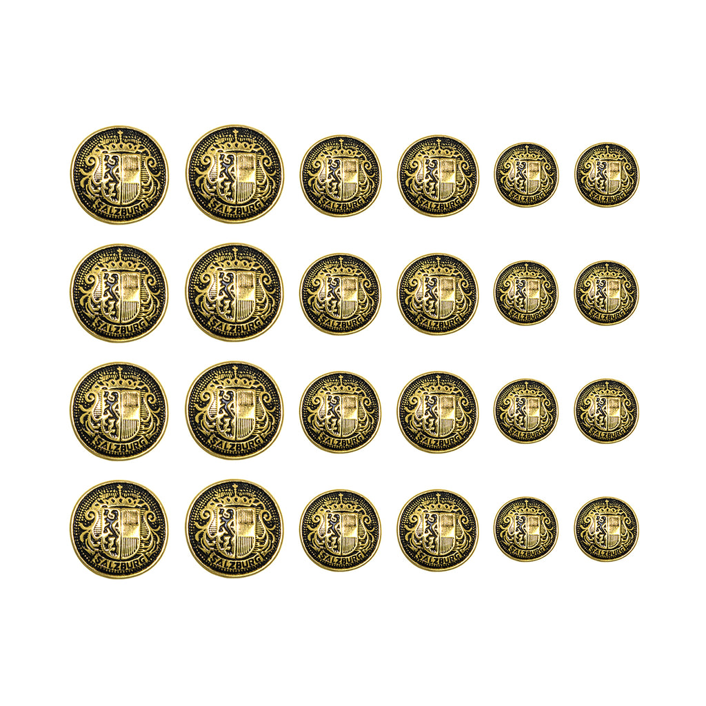 Twenty-four Salzburg Crest Design Metal Blazer Buttons with ornate designs, arranged in a grid pattern on a white background.