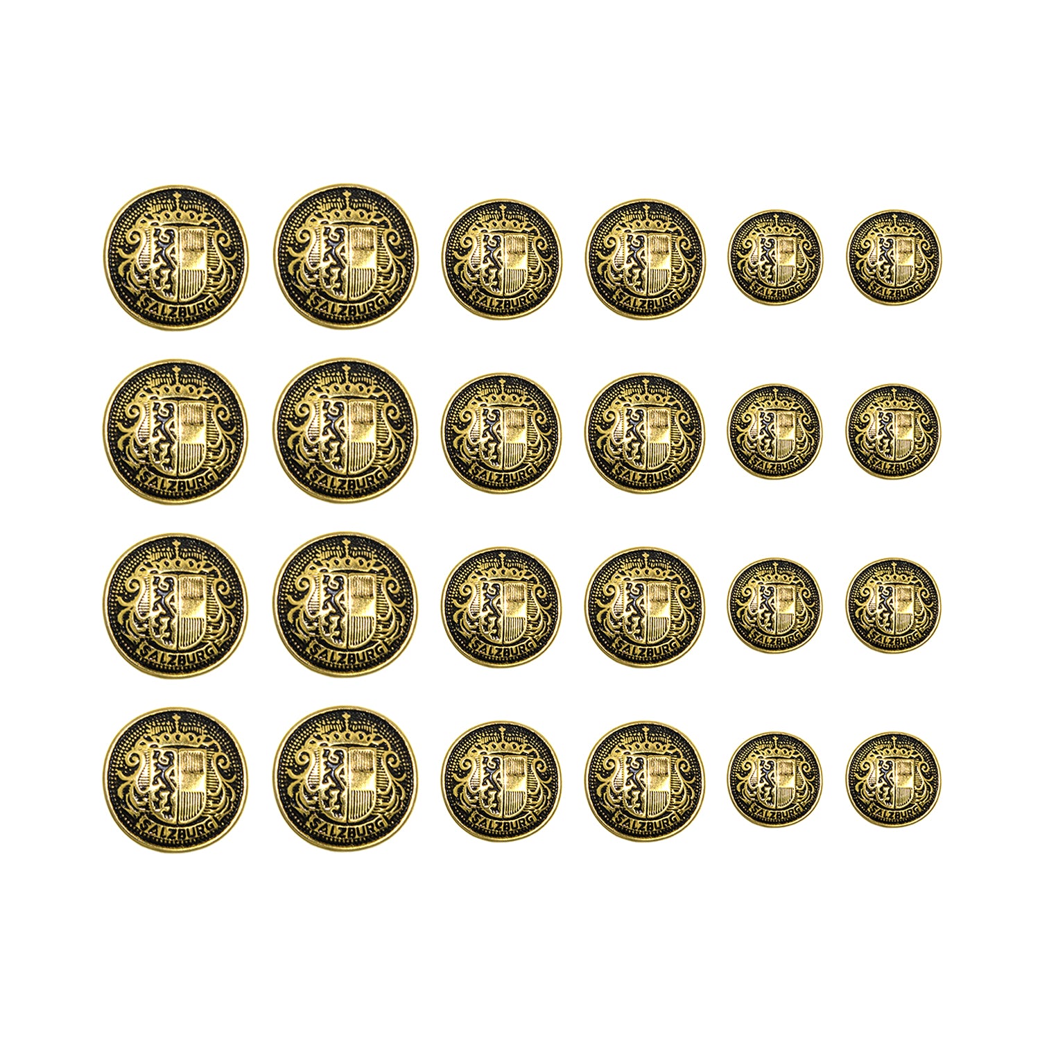 Twenty-four Salzburg Crest Design Metal Blazer Buttons with ornate designs, arranged in a grid pattern on a white background.