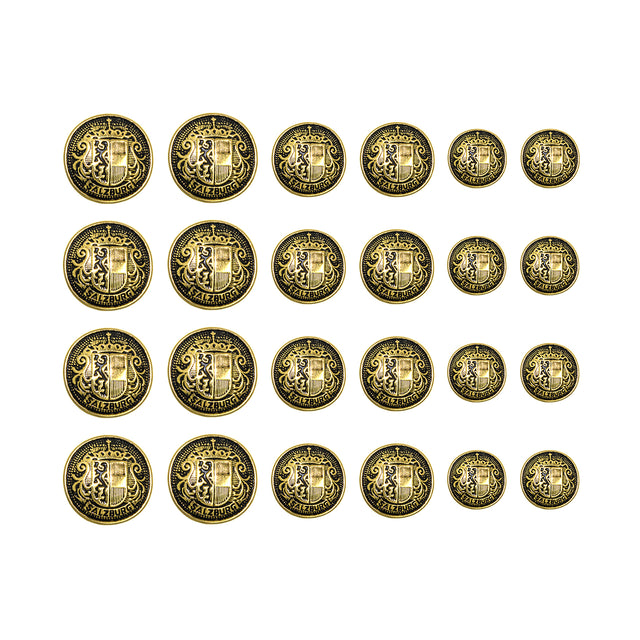 Twenty-four Salzburg Crest Design Metal Blazer Buttons with ornate designs, arranged in a grid pattern on a white background.