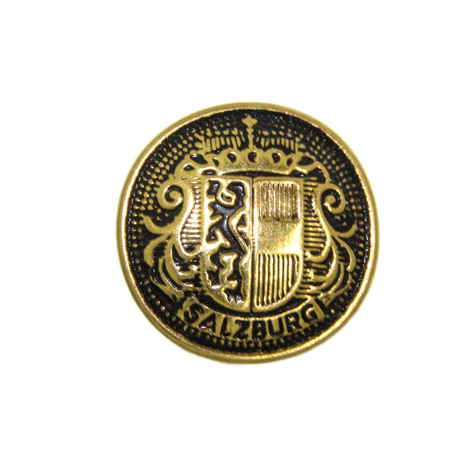 Salzburg Crest Design Metal Blazer Buttons: round gold pins with a black Salzburg crest, crown, and ornate shield—ideal as replacement blazer buttons or for those seeking stylish metal blazer buttons.