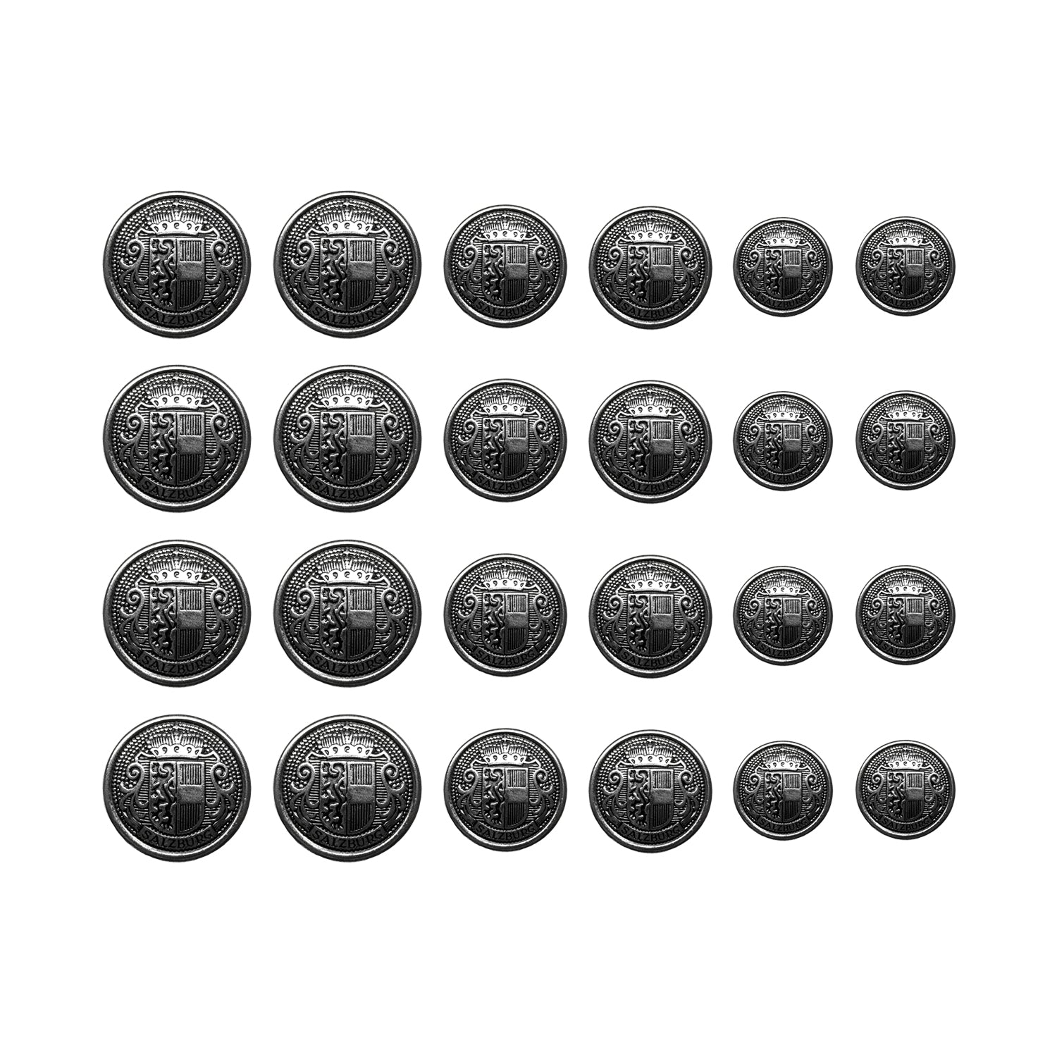 Twenty-four Salzburg Crest Design Metal Blazer Buttons, arranged in a grid on a white background—ideal replacements for your blazer.