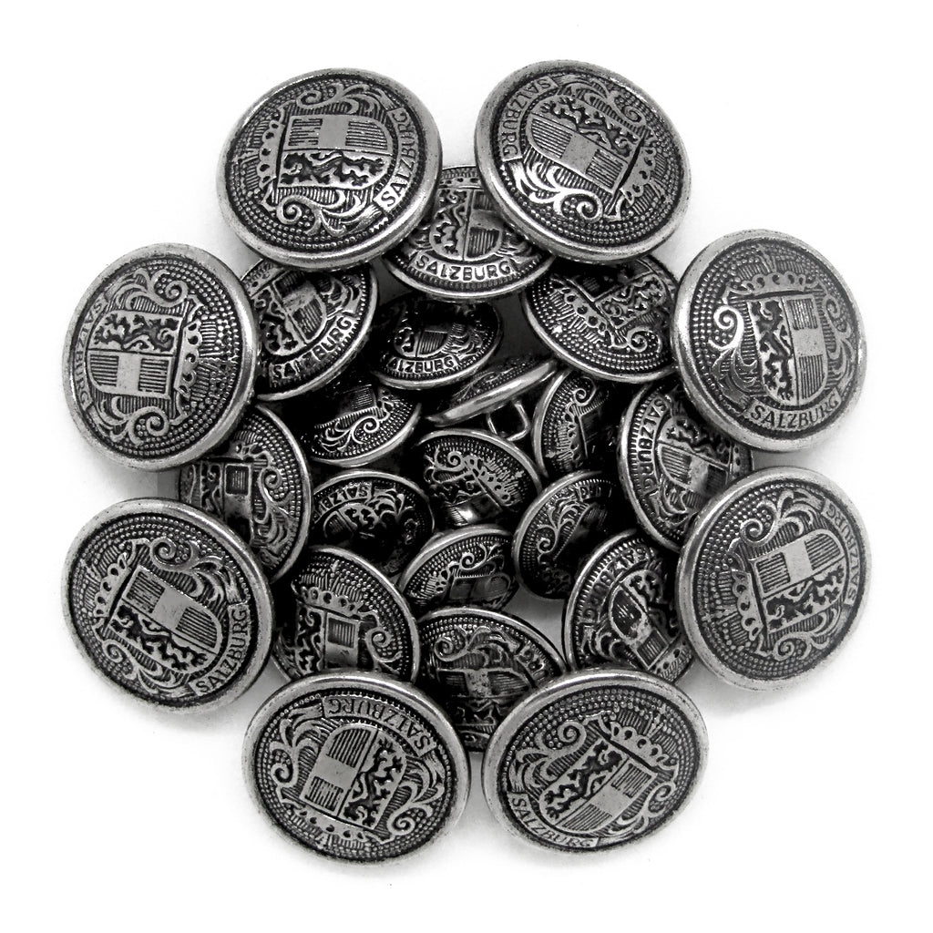 A set of ornate, round Salzburg Crest Design Metal Blazer Buttons engraved with a crest and "Salzburg"—ideal as replacement buttons or to enhance your favorite jacket.