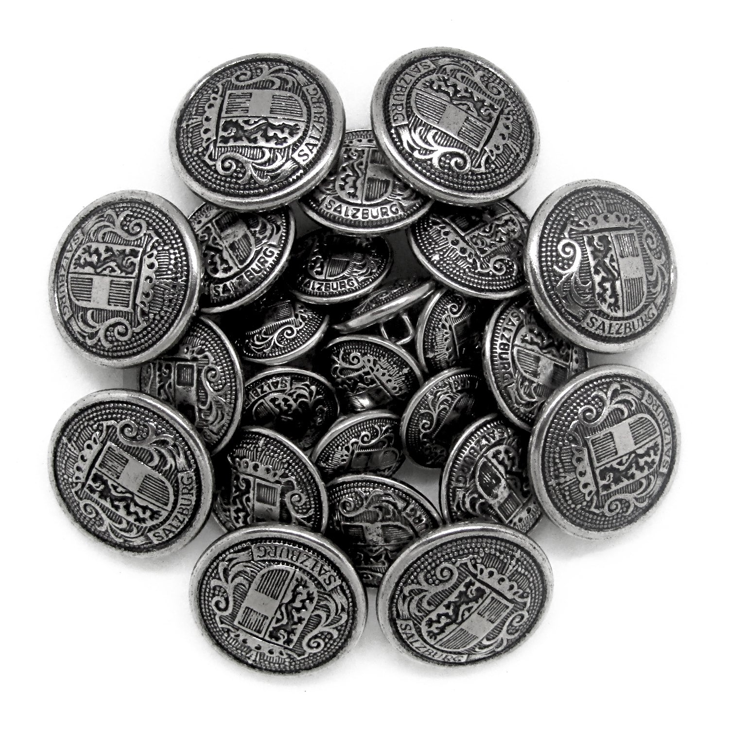 A set of ornate, round Salzburg Crest Design Metal Blazer Buttons engraved with a crest and "Salzburg"—ideal as replacement buttons or to enhance your favorite jacket.