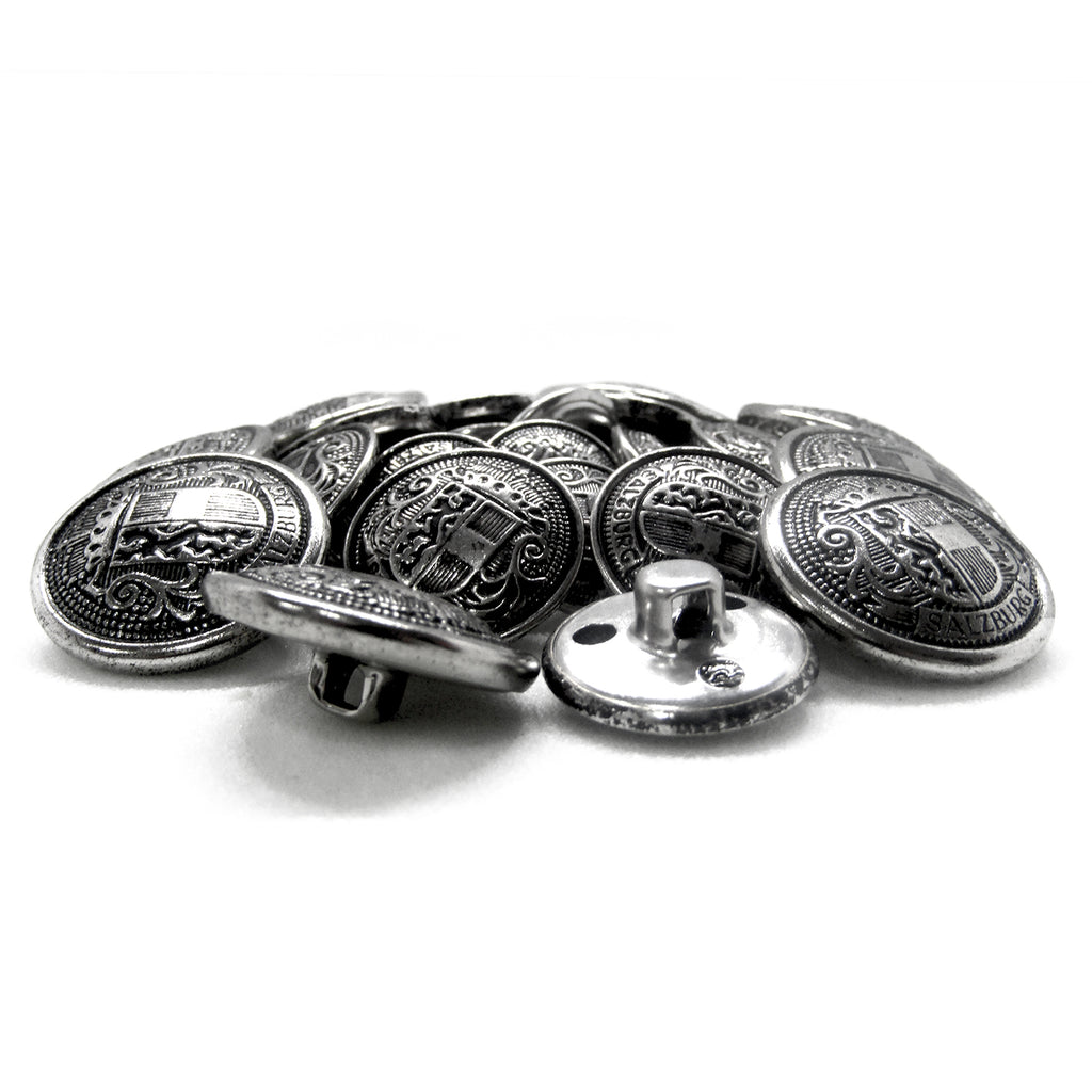 A pile of Salzburg Crest Design Metal Blazer Buttons with ornate silver detailing and shanks is arranged on a white background.