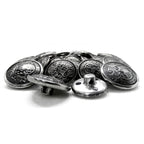 A pile of Salzburg Crest Design Metal Blazer Buttons with ornate silver detailing and shanks is arranged on a white background.