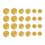 Rows of Salzburg Crest Design Metal Blazer Buttons in various sizes are arranged neatly on a white background, gleaming like gold coins.