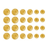 Rows of Salzburg Crest Design Metal Blazer Buttons in various sizes are arranged neatly on a white background, gleaming like gold coins.