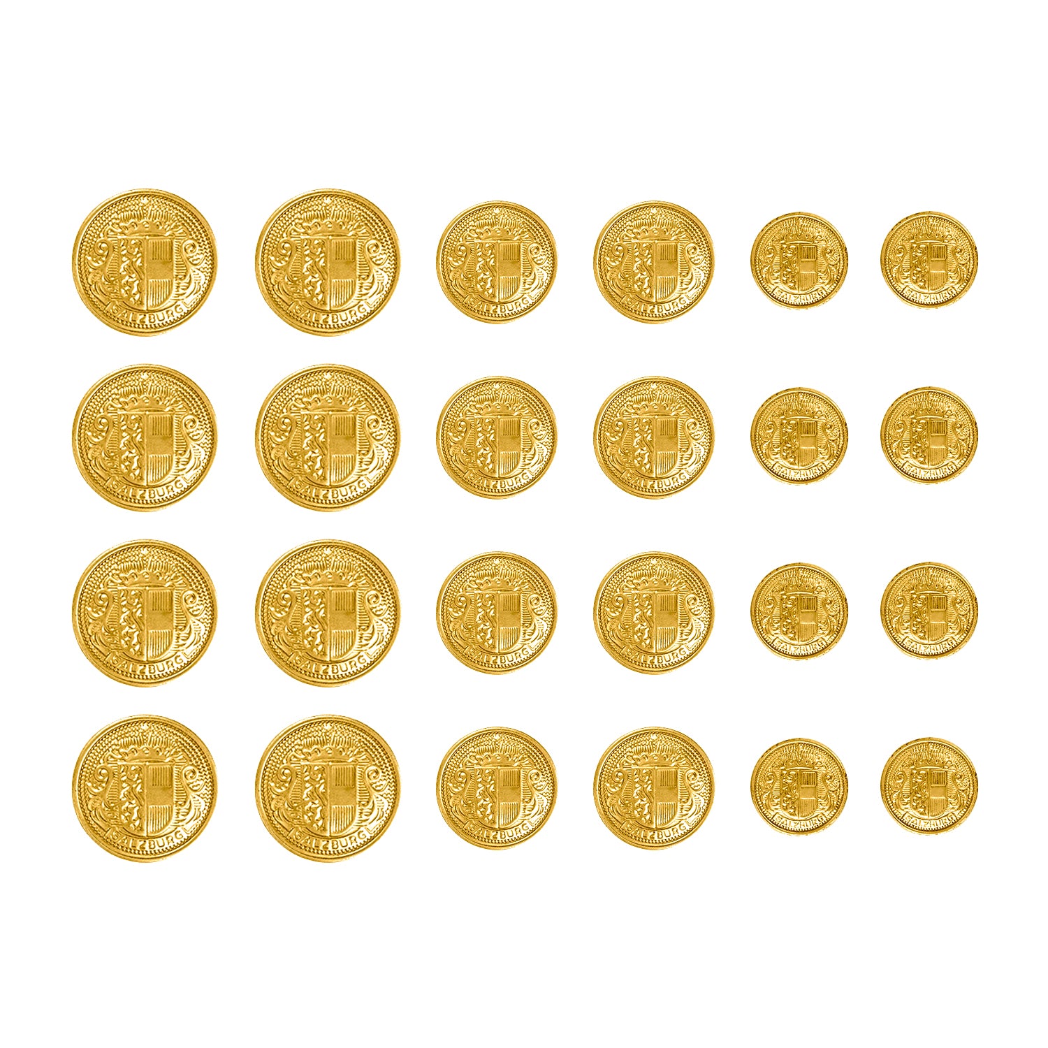 Rows of Salzburg Crest Design Metal Blazer Buttons in various sizes are arranged neatly on a white background, gleaming like gold coins.