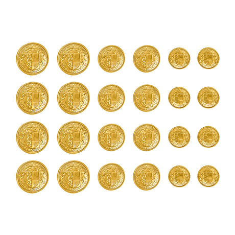 Rows of Salzburg Crest Design Metal Blazer Buttons in various sizes are arranged neatly on a white background, gleaming like gold coins.