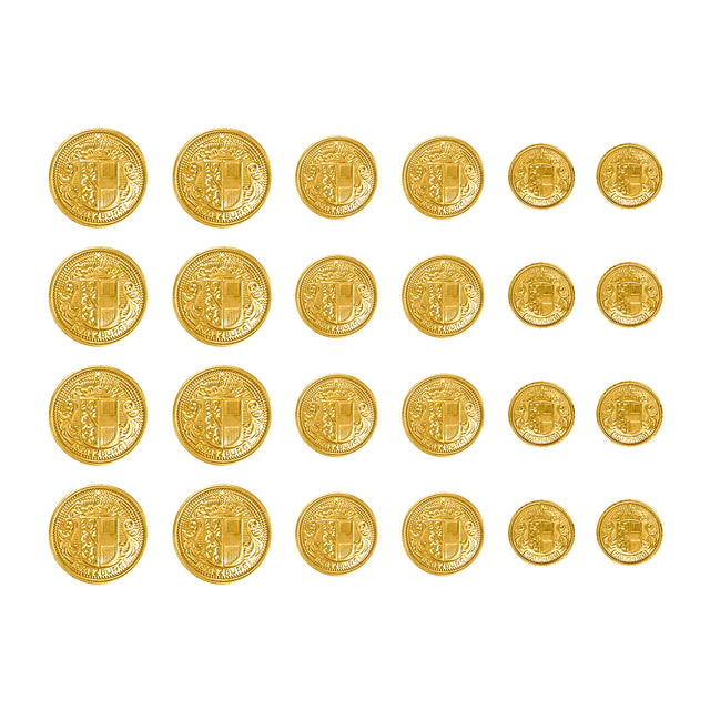 Rows of Salzburg Crest Design Metal Blazer Buttons in various sizes are arranged neatly on a white background, gleaming like gold coins.