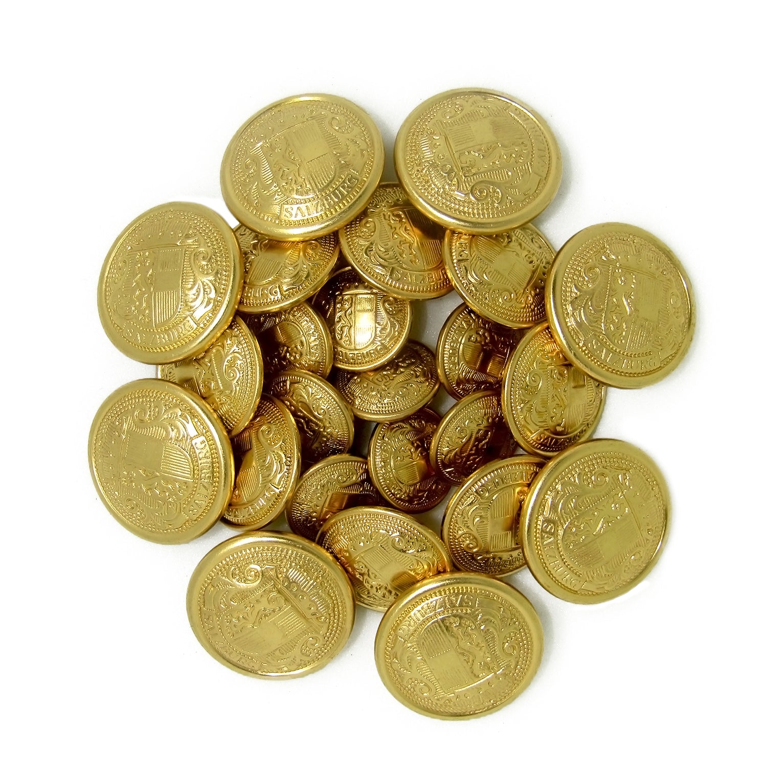 A cluster of Salzburg Crest Design Metal Blazer Buttons, gold-colored and shiny, arranged together on a white background.