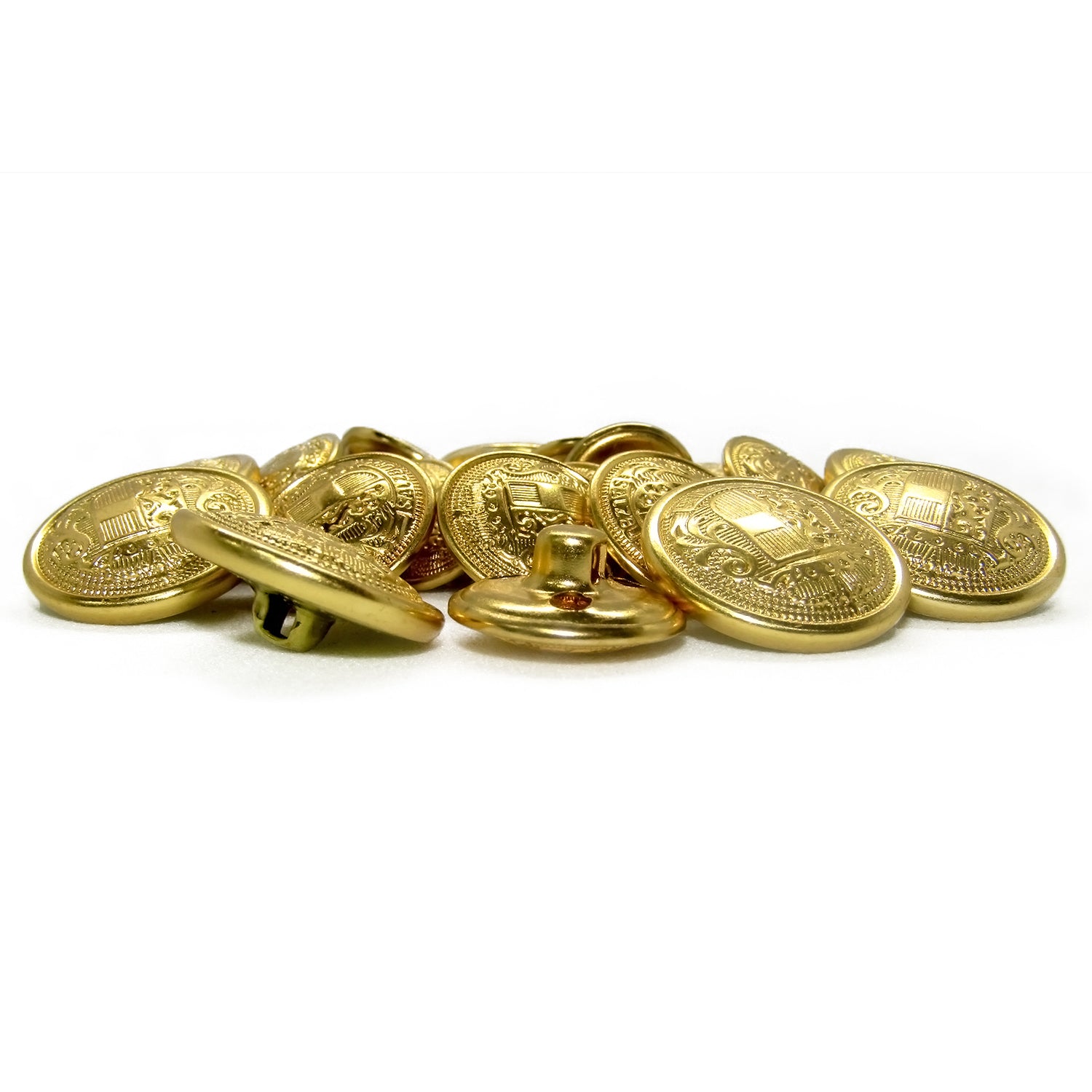 A pile of Salzburg Crest Design Metal Blazer Buttons with engraved details, some showing the crest and others their backs—perfect as stylish replacement blazer buttons.