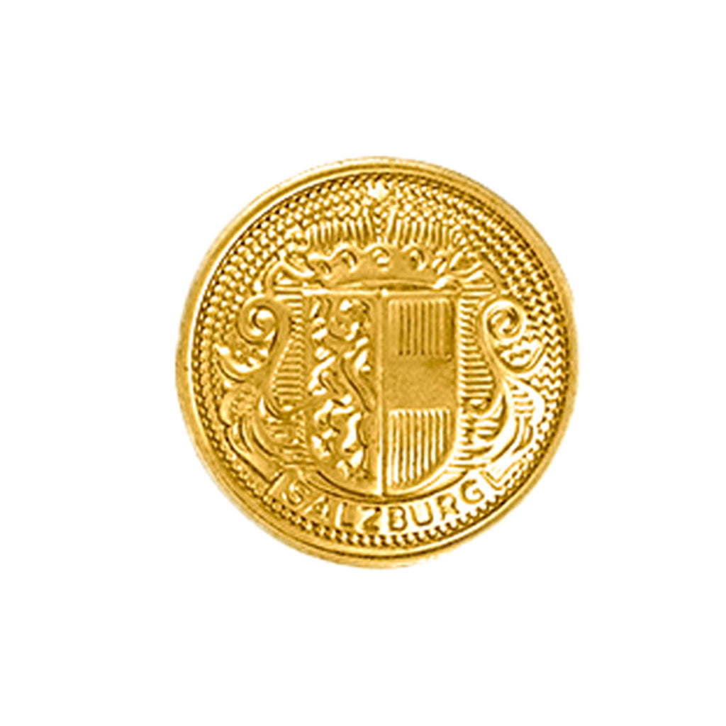 Gold coin showcases a Salzburg Crest, inspired by the Salzburg Crest Design Metal Blazer Buttons, with "SALZBURG" inscribed at the base, all placed against a white background.