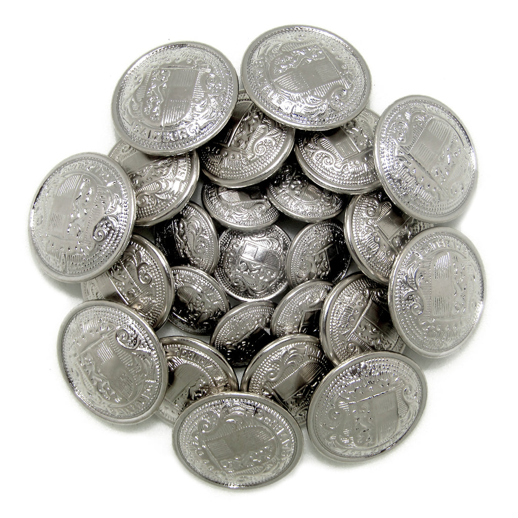 A pile of shiny Salzburg Crest Design Metal Blazer Buttons with ornate patterns, ideal as replacement blazer buttons, displayed on a white background.