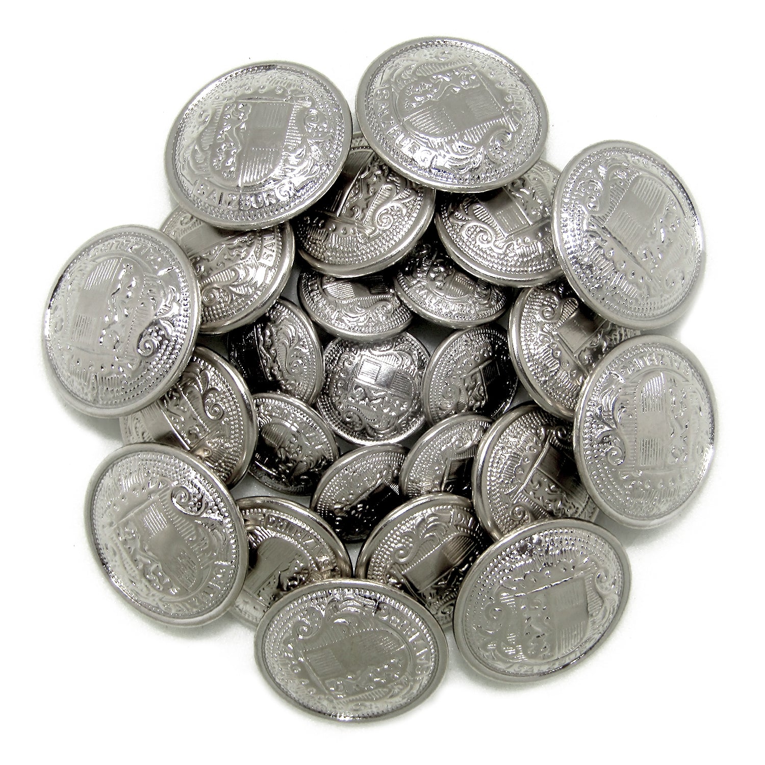 A pile of shiny Salzburg Crest Design Metal Blazer Buttons with ornate patterns, ideal as replacement blazer buttons, displayed on a white background.