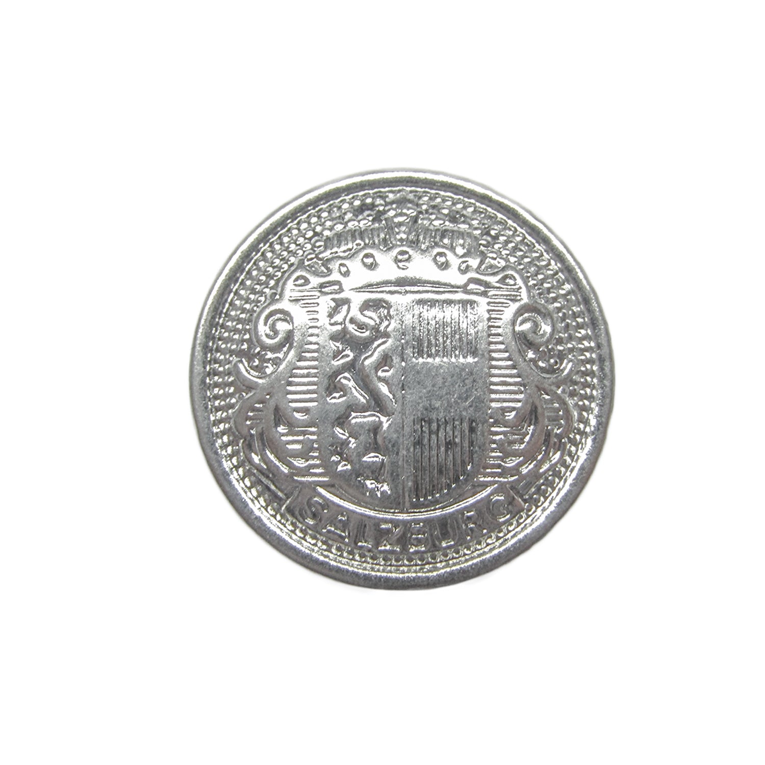 A silver coin with a detailed crest, ornate patterns, a lion, and vertical stripes resembles the classic design of Salzburg Crest Design Metal Blazer Buttons.
