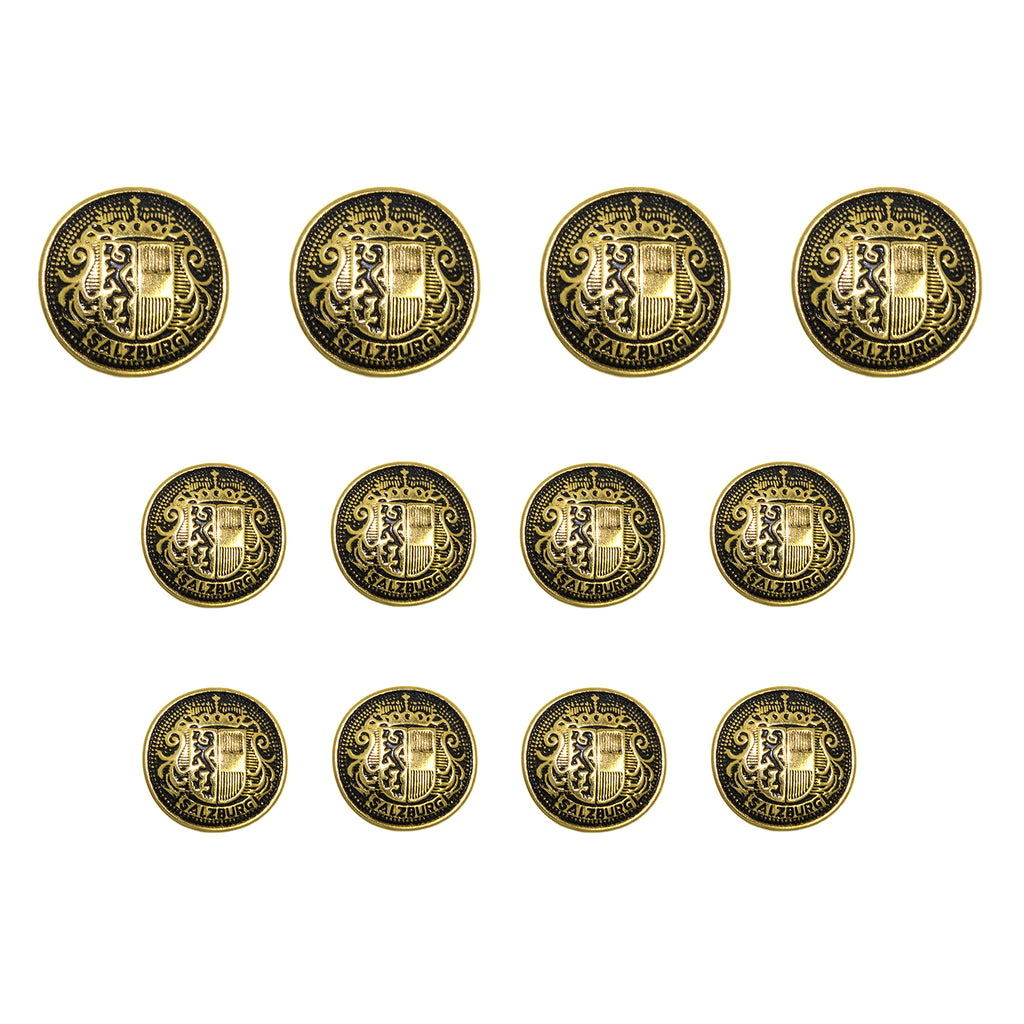 Twelve Salzburg Crest Design Metal Blazer Buttons with intricate heraldic details are arranged in four rows on a white background.