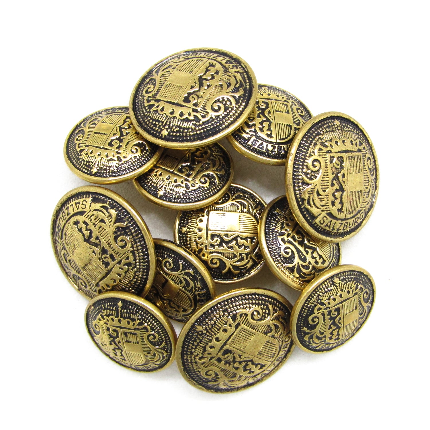 A set of Salzburg Crest Design Metal Blazer Buttons, each engraved with "Salzburg" and a shield emblem—perfect as stylish replacement buttons for your blazer.