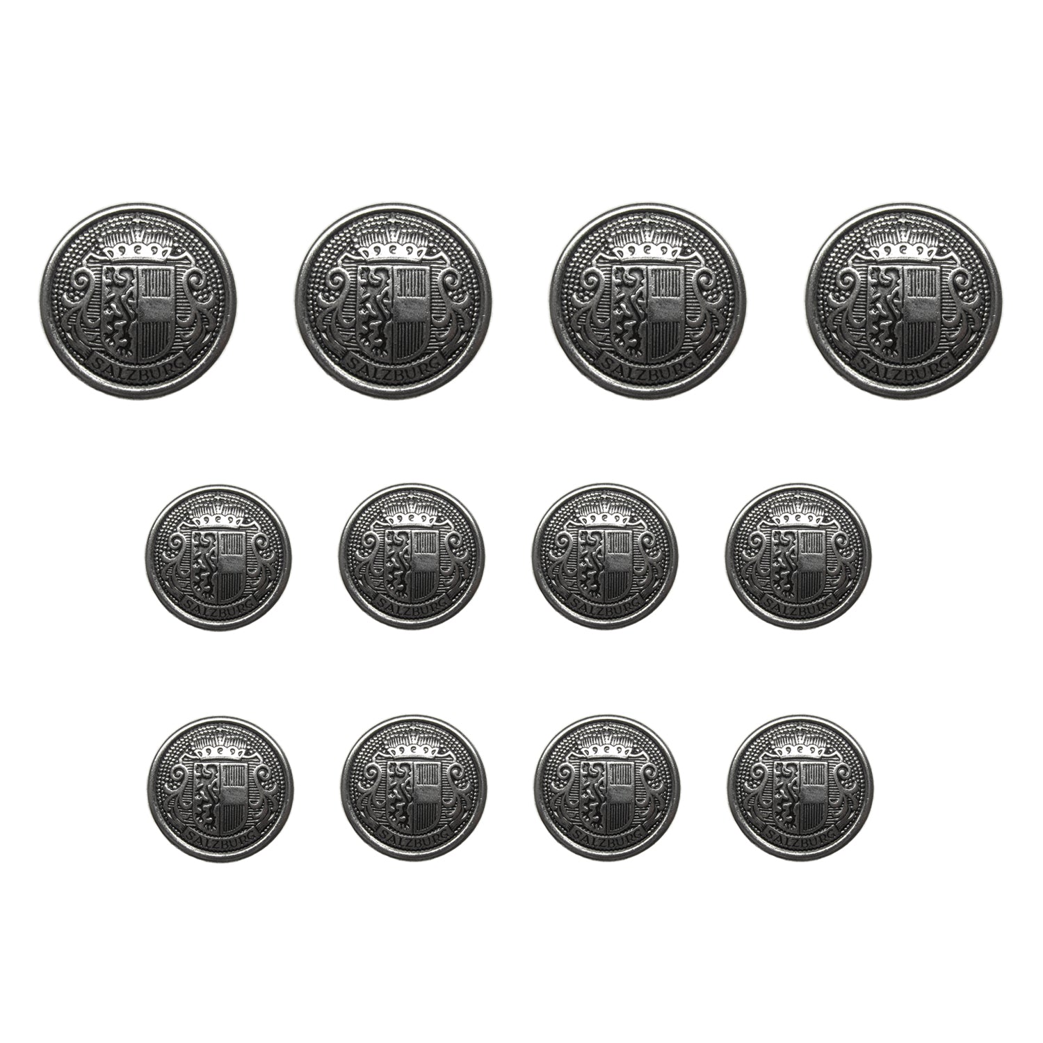Twelve Salzburg Crest Design Metal Blazer Buttons arranged in three rows, with larger buttons at the top and smaller ones at the bottom.