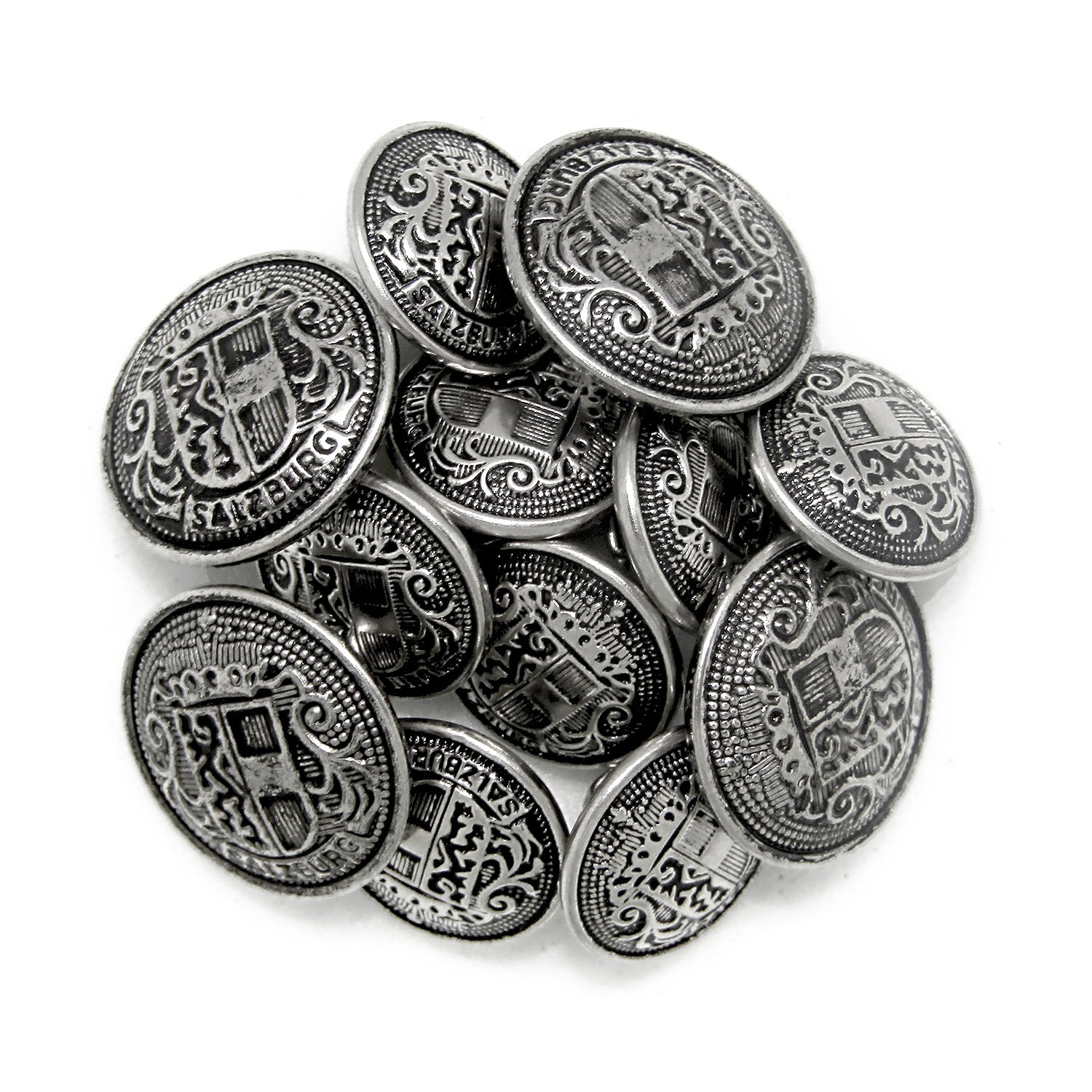 A set of Salzburg Crest Design Metal Blazer Buttons featuring ornate engravings and decorative patterns.