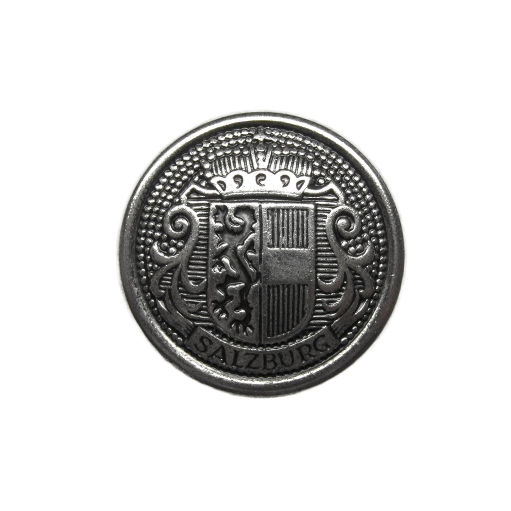 Salzburg Crest Design Metal Blazer Buttons feature a round silver finish with a decorative Salzburg coat of arms, crown, lion, and stripes—ideal replacements for a classic, distinguished blazer look.