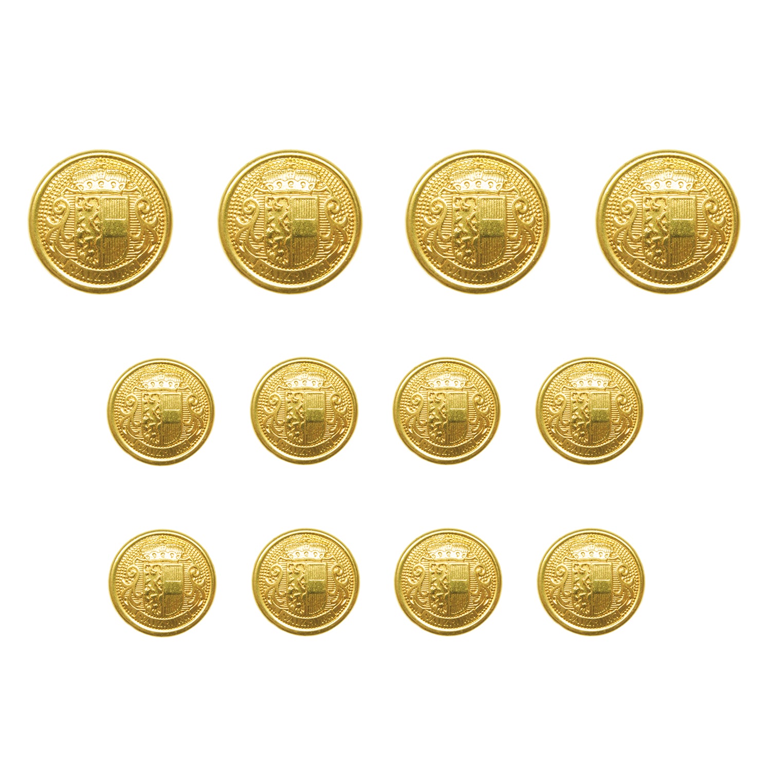 Twelve Salzburg Crest Design Metal Blazer Buttons in varying sizes are arranged in three rows on a white background.