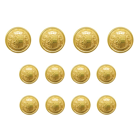 Twelve Salzburg Crest Design Metal Blazer Buttons in varying sizes are arranged in three rows on a white background.