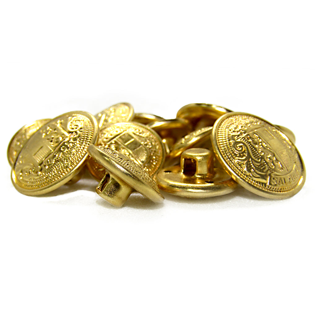 A pile of Salzburg Crest Design Metal Blazer Buttons featuring embossed patterns and back shanks, perfect as blazer replacements or for adding a stylish touch.