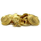 A pile of Salzburg Crest Design Metal Blazer Buttons featuring embossed patterns and back shanks, perfect as blazer replacements or for adding a stylish touch.