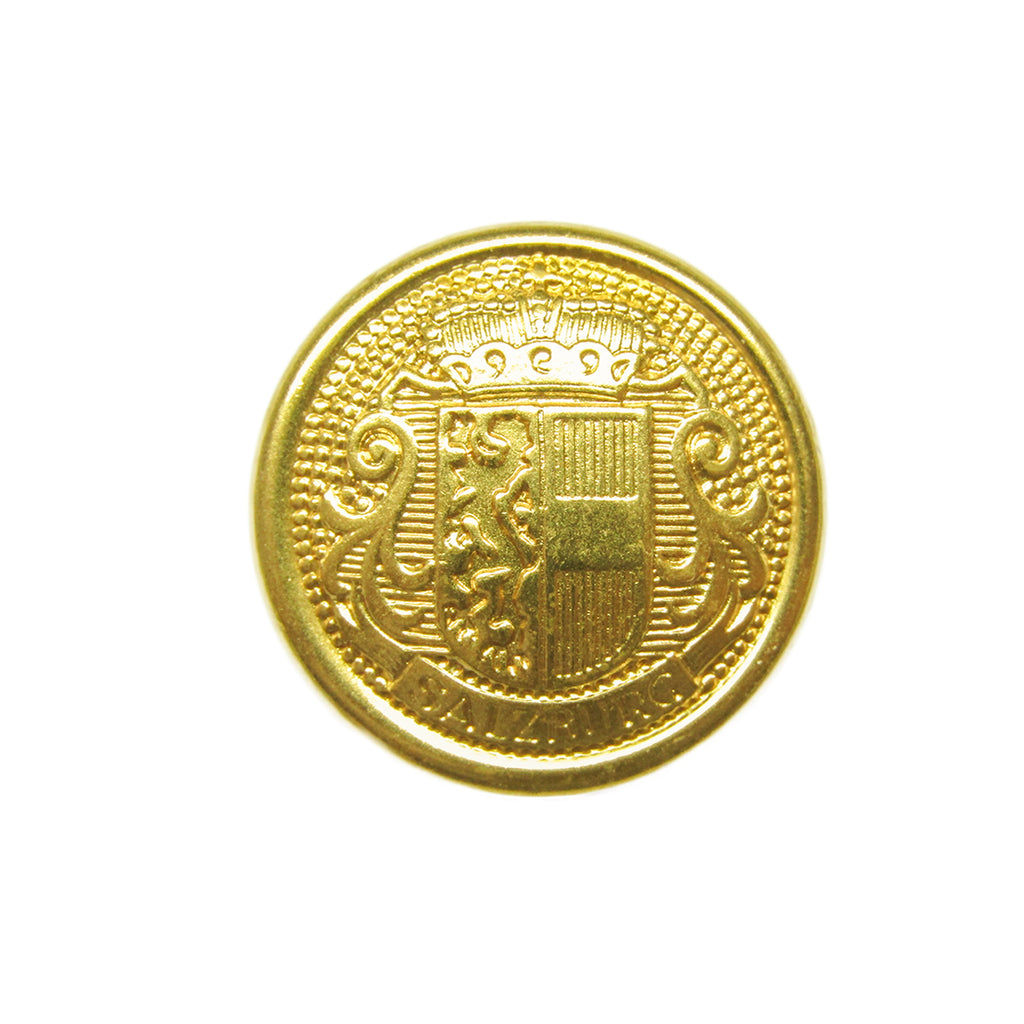 Salzburg Crest Design Metal Blazer Buttons feature an ornate crest with crown, lions, and shield on a white background—ideal as replacement blazer buttons.