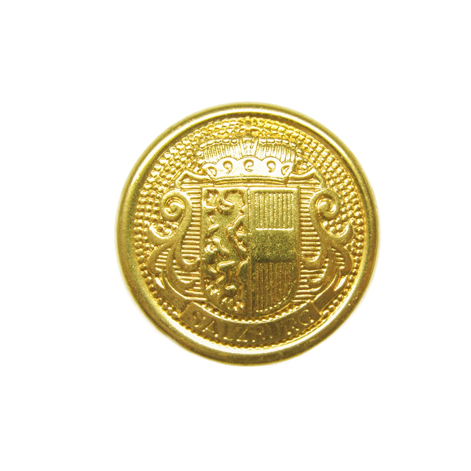 Salzburg Crest Design Metal Blazer Buttons feature an ornate crest with crown, lions, and shield on a white background—ideal as replacement blazer buttons.
