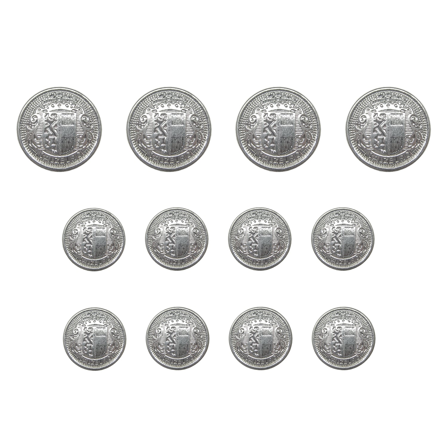 Eleven Salzburg Crest Design Metal Blazer Buttons in silver, displayed in three rows on a white background, decreasing in size from top to bottom.