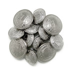 A pile of shiny, silver Salzburg Crest Design Metal Blazer Buttons with ornate engraved shields and decorative patterns—ideal as stylish replacements or for adding elegance to any blazer.
