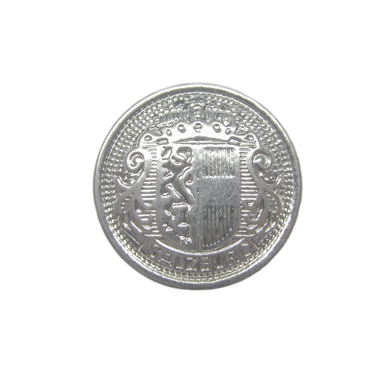 Salzburg Crest Design Metal Blazer Buttons feature a detailed crest and intricate patterns, showcased on a silver finish against a white background.