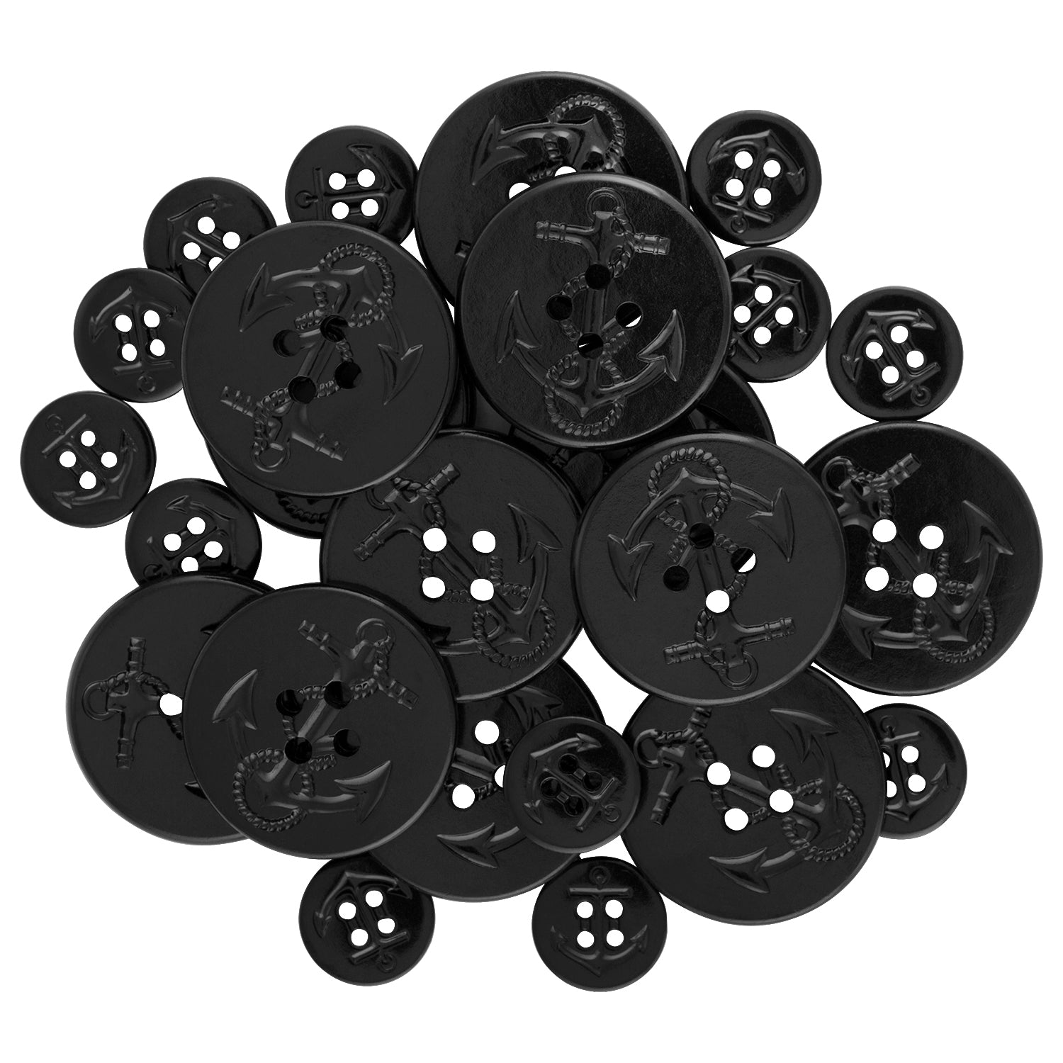 A set of Universal Pea Coat Buttons in black, featuring anchor and rope embossing, available in multiple sizes.