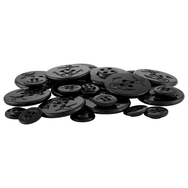 A pile of Universal Pea Coat Buttons—assorted black four-hole anchor buttons—arranged on a white background.