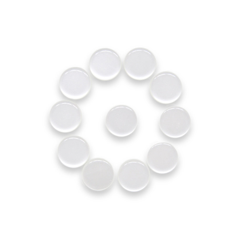 Twelve Flat Bridal Trim and Bustle Buttons, clear and round like wedding dress buttons, are arranged in a circle around one central button on a white background.