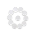 Twelve Flat Bridal Trim and Bustle Buttons, clear and round like wedding dress buttons, are arranged in a circle around one central button on a white background.