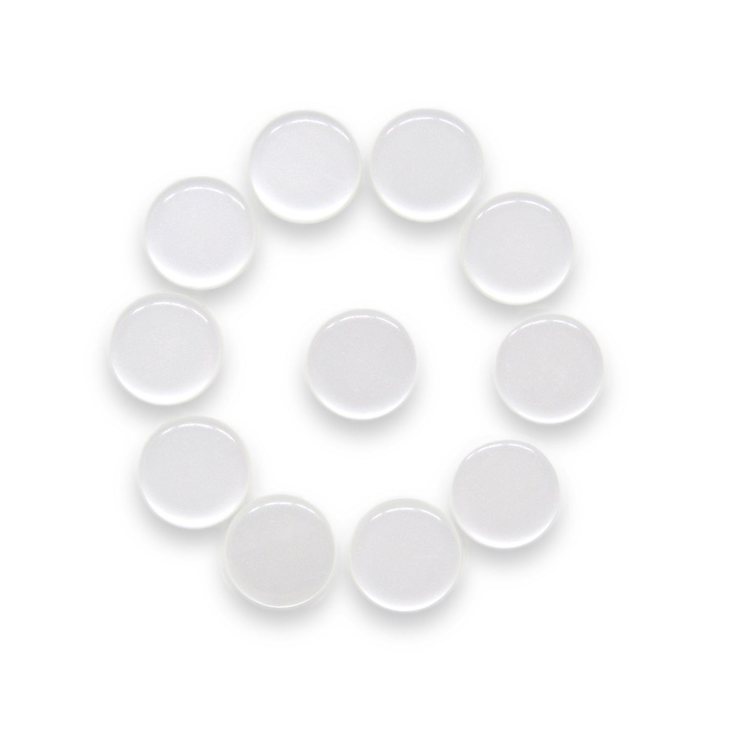 Twelve Flat Bridal Trim and Bustle Buttons, made of clear round glass, are arranged in a circle with one at the center on a white background, evoking the look of elegant wedding dress accents.